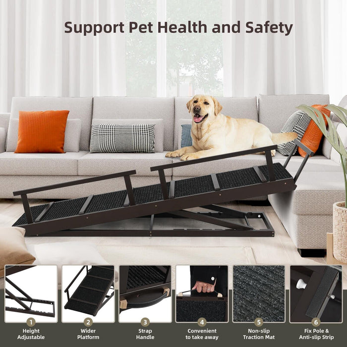 PANTAZO Pet Ramp Folding Portable Wooden Dog & Cat Ramp for Couch or Bed, Including Non Slip Mat & Safety Side Rails, 64.2 Inch Long and Height Adjustable from 13.4 Inch to 38 Inch Up to 110 Lbs