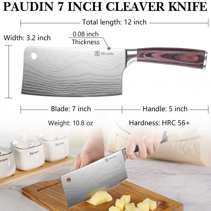 PAUDIN Cleaver Knife, Ultra Sharp Meat Cleaver 7 Inch, High Carbon Stainless Steel Butcher Knife with Wooden Handle, Chinese Cleaver for Meat Cutting Vegetable Slicing