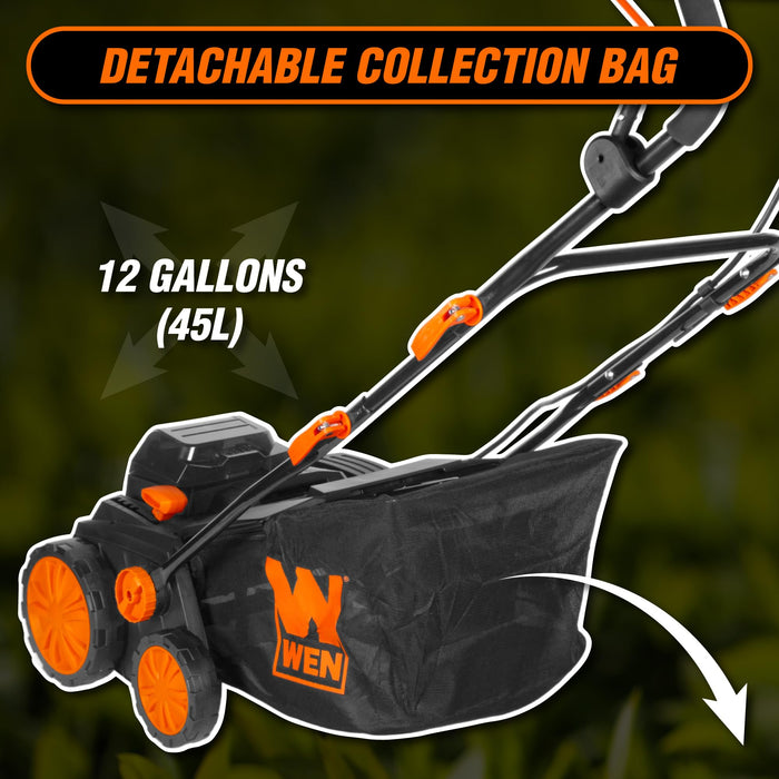 WEN 20V Max Cordless 15-Inch 2-in-1 Brushless Electric Dethatcher and Scarifier with Collection Bag, Two 4.0 Ah Batteries, and Dual-Port Charger (20716)