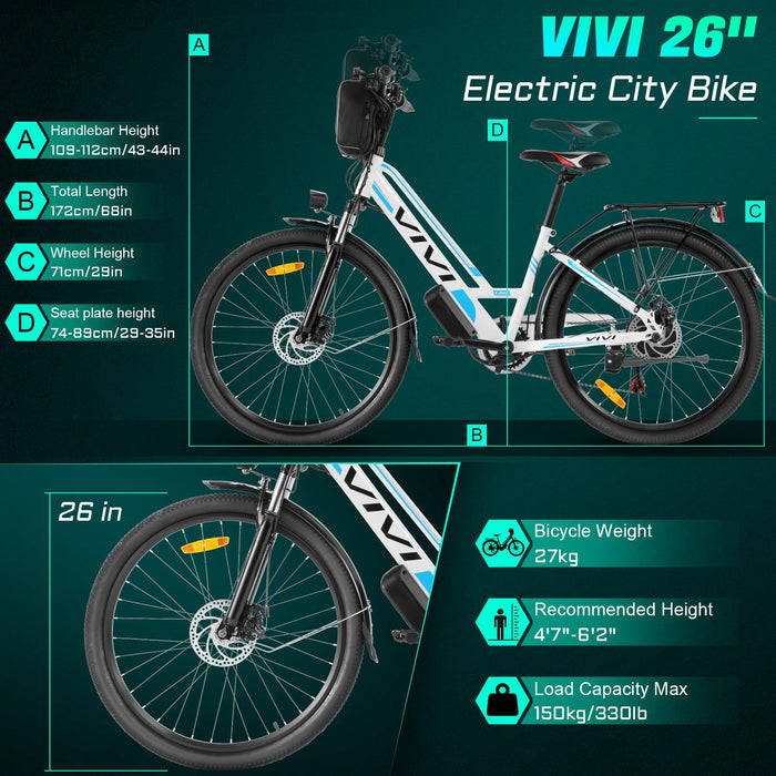 Vivi MT26GUL Electric Bike 26" Step Through Electric Bicycle with Removable 48V 374.4Wh Battery, 750W Peak Motor, 21.7Mph Top Speed, Up to 50 Miles, Cruise Control, 7 Speed, UL 2849 Certification