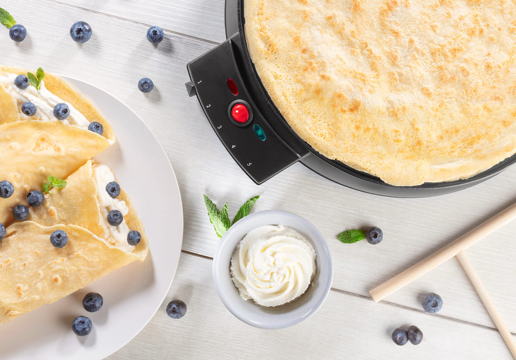 12" Griddle & Crepe Maker, Non-Stick Electric Crepe Pan w Batter Spreader & Recipe Guide- Dual Use for Blintzes Eggs Pancakes, Portable, Adjustable Temperature Settings - Holiday Breakfast or Dessert