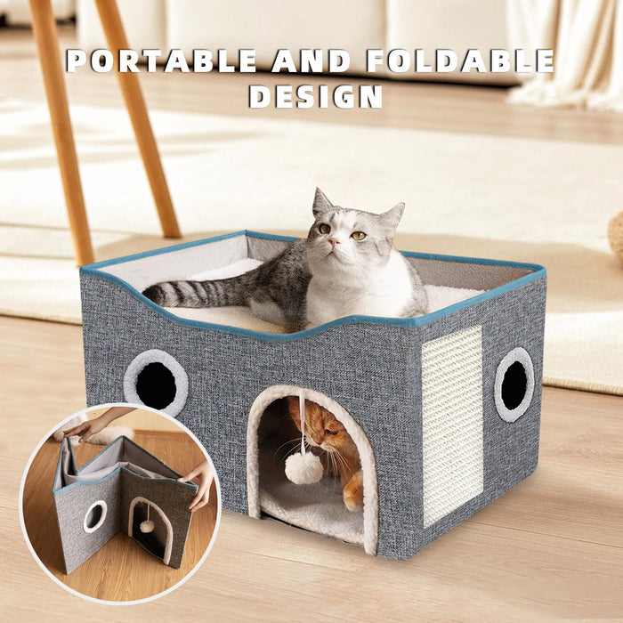 LQNQ Cat Houses for Indoor Cats, Large Cat Beds and Furniture with Fluffy Ball and Scratch Pad, Foldable Cat Cave for Multi Small Pet Kitten Rabbit