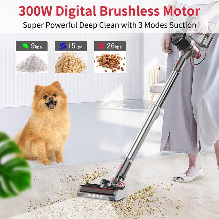 Yunjetek Cordless Vacuum Cleaner, 300W Brushless Motor with 26Kpa Powerful Suction Stick Vacuum, Up to 45Mins Max Runtime Detachable Battery