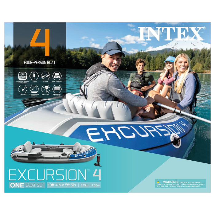 INTEX 68324EP Excursion 4 Inflatable Boat Set: Includes Deluxe 54in Boat Oars and High-Output Pump – Adjustable Seats with Backrest – Fishing Rod Holders – 4-Person – 1100lb Weight Capacity