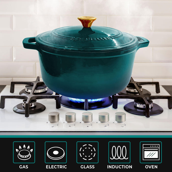 Mueller DuraCast 6 Quart Enameled Cast Iron Dutch Oven Pot with Lid, Heavy-Duty, Oven Safe up to 500° F & Across All Cooktops, Wedding Registry Ideas & Gifts, Emerald