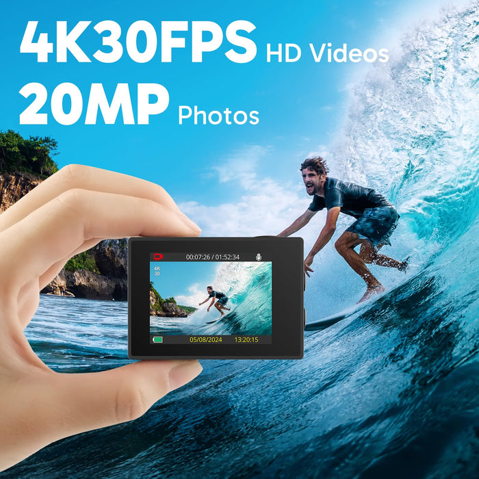 AKASO EK7000 4K30FPS 20MP Action Camera EIS Ultra HD Underwater Camera 131FT Waterproof Camera 170 Degree Wide Angle 4X Zoom Support External Microphone