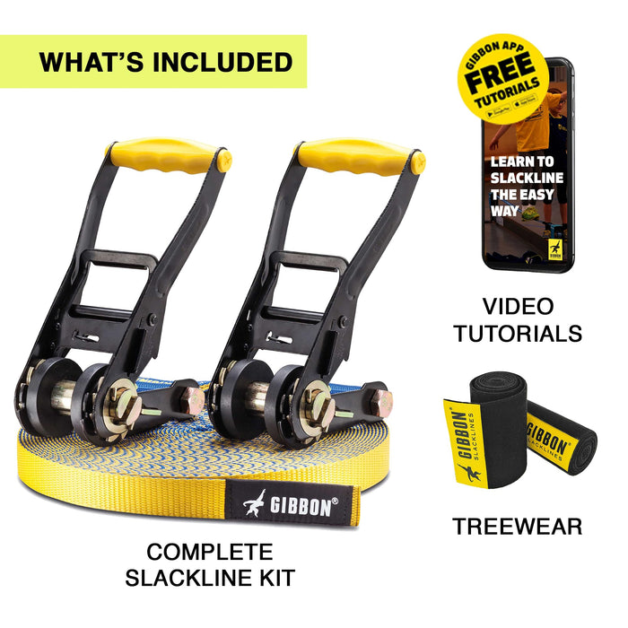 Gibbon Flowline Slackline with TreeWear - 82ft Slack Line (74ft line + (2) 8.5ft Ratchet Straps, Reinforced Loops, 2 Signature Ratchets) 1” Line