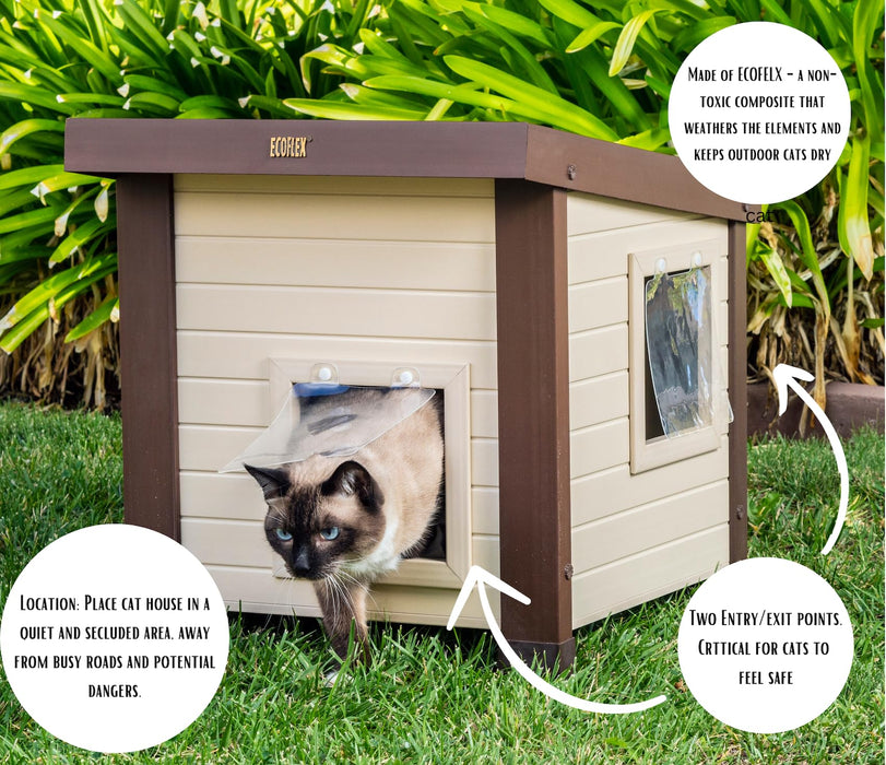 New Age Pet® ECOFLEX® Albany Outdoor Feral Cat House for Multiple Cats with Quick & Easy Assembly, 2 Vinyl Door Flaps Included, Moisture and Odor Resistant