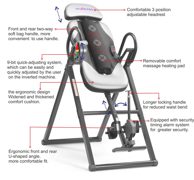 INVERPRO Model A Advanced Heat and Massage Heavy Duty Deluxe Inversion Table,320 lb Capacity,Gray/Black