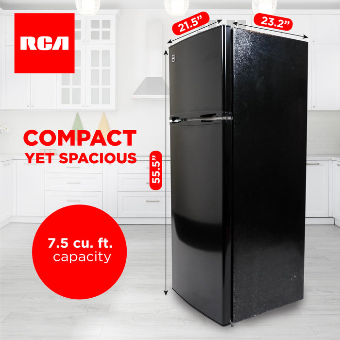 RCA RFR741-BLACK Apartment Size-Top Freezer-2 Door Fridge-Adjustable Thermostat Control-Black-7.5 Cubic Feet