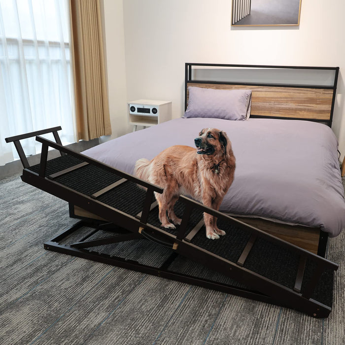 PANTAZO Pet Ramp Folding Portable Wooden Dog & Cat Ramp for Couch or Bed, Including Non Slip Mat & Safety Side Rails, 64.2 Inch Long and Height Adjustable from 13.4 Inch to 38 Inch Up to 110 Lbs