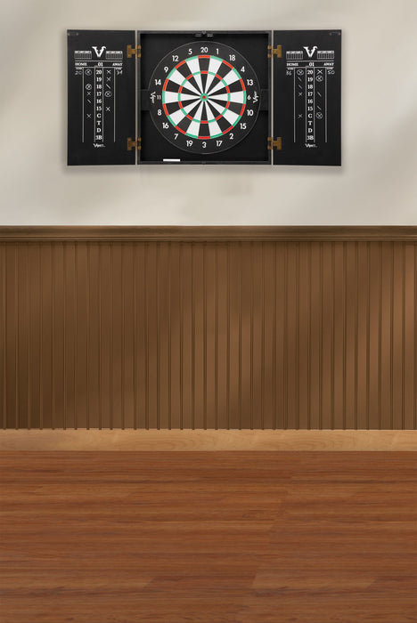 Viper Hideaway Cabinet & Steel-Tip Dartboard Ready-to-Play Bundle, Reversible Standard and Baseball Game Options with Two Sets of Steel-Tip Darts and Chalk Scoreboards, Black Matte Finish