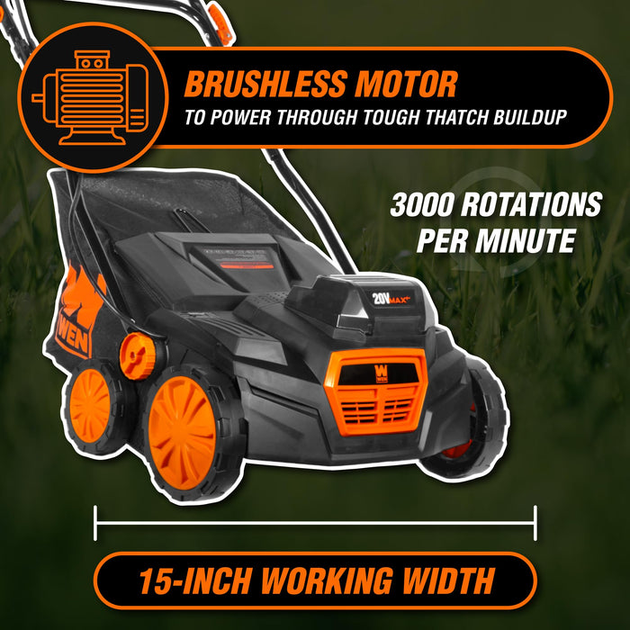 WEN 20V Max Cordless 15-Inch 2-in-1 Brushless Electric Dethatcher and Scarifier with Collection Bag, Two 4.0 Ah Batteries, and Dual-Port Charger (20716)