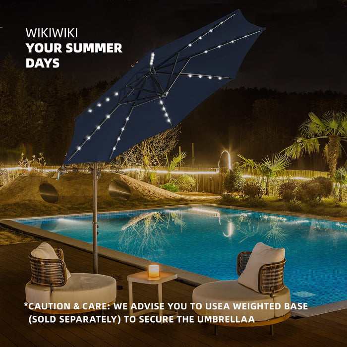 wikiwiki 10ft Solar LED Offset Hanging Market Patio Umbrella for Backyard, Poolside, Lawn and Garden,Easy Tilt Adjustment, Polyester Shade & Cross Base, Navy Blue