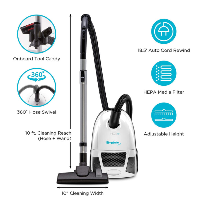 Simplicity Vacuums Jill Compact Canister Vacuum Cleaner with Pet Tool Fur Remover, Bagged Vacuum with Certified HEPA Filtration for Hard Floors and Rugs, Stair Vacuum