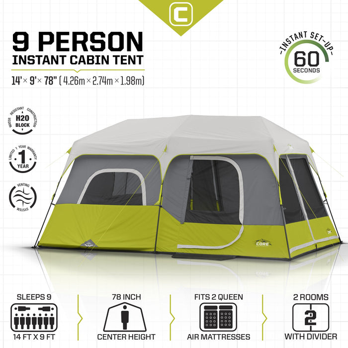 CORE Instant Cabin Tent | Multi Room Tent for Family with Storage Pockets for Camping Accessories | Portable Large Pop Up Tent for 2 Minute Camp Setup | Sleeps 9 People, 14' x 9'