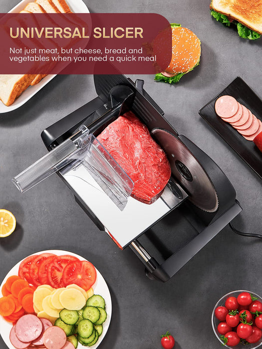 FOHERE Meat Slicer for Home Use, 200W Electric Deli Food Slicer with Removable Two 7.5” Blades, 0-15 Precise Thickness Knob Cut Deli Food, Meat Ham Bread Fruit, Include Food Carriage, Black