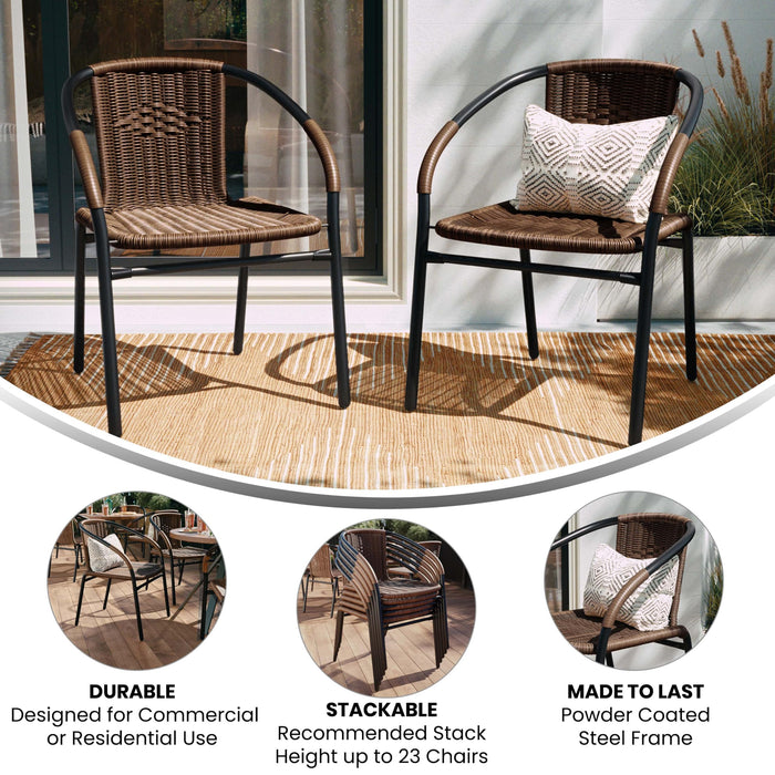 EMMA + OLIVER 2 Pack Medium Brown Rattan Indoor-Outdoor Restaurant Stack Chair