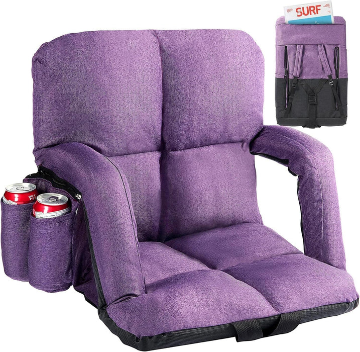 Wide Stadium Seats with Back Support, Bleacher Chairs with Comfy Cushion, 6 Reclining Positions Stadium Chair, Stadium Seat Bleacher Chairs with Armrests for Sport Events, Camping, Beaches(Purple)