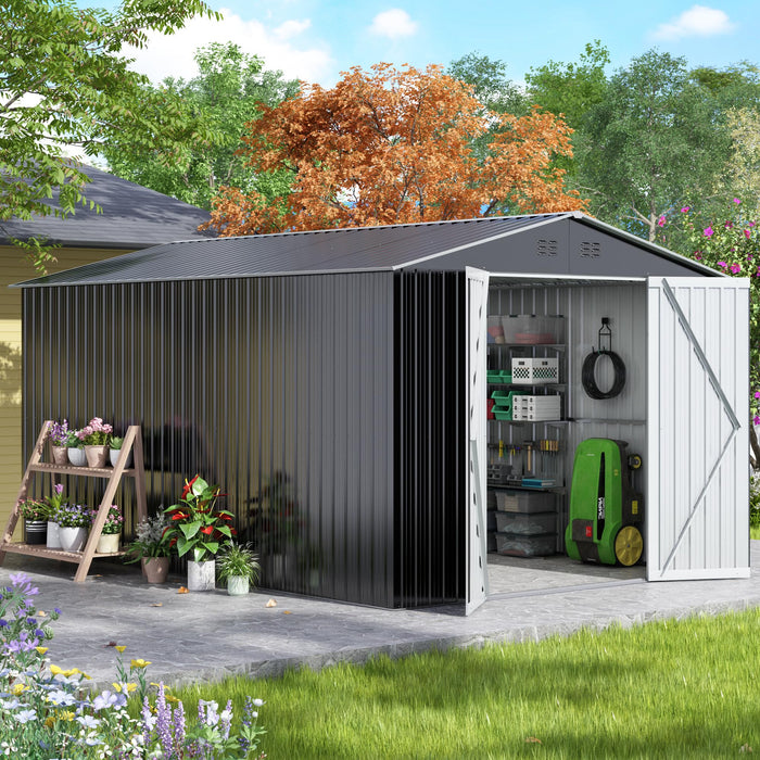 HOGYME 8 x 12 FT Outdoor Storage Shed, Large Metal Garden Shed with Updated Frame Structure and Lockable Doors, Tool Sheds for Backyard Garden Patio Lawn, Grey