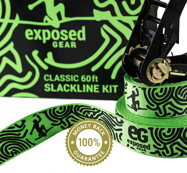 EG Exposed Gear Slackline Kit with Tree Protectors, High Grade Ratchet + Cover, Set Up Instruction Booklet and Carry Bag | Classic 60 ft Slack Line Set | Perfect Slackline for Kids and Adults