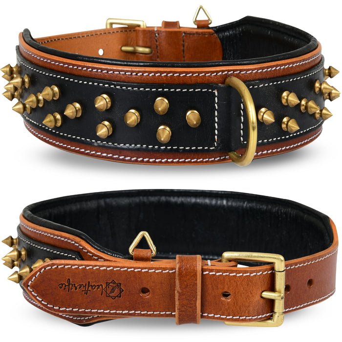 Leatherific Spike Dog Collar | Spiky Series | Premium Genuine Bridle Leather, Heavy Duty, Padded, Strong | for Medium, Large, XL Breeds | Black Brown | 2" Wide