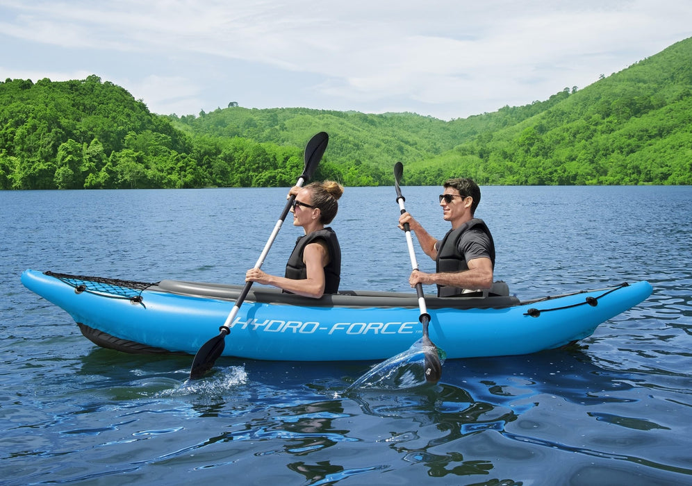 Bestway Hydro-Force 2-Person Cove Champion Inflatable Kayak Set | Includes Kayak, 2 Aluminum Paddles, Hand Pump, 2 Fins, and Carry Bag