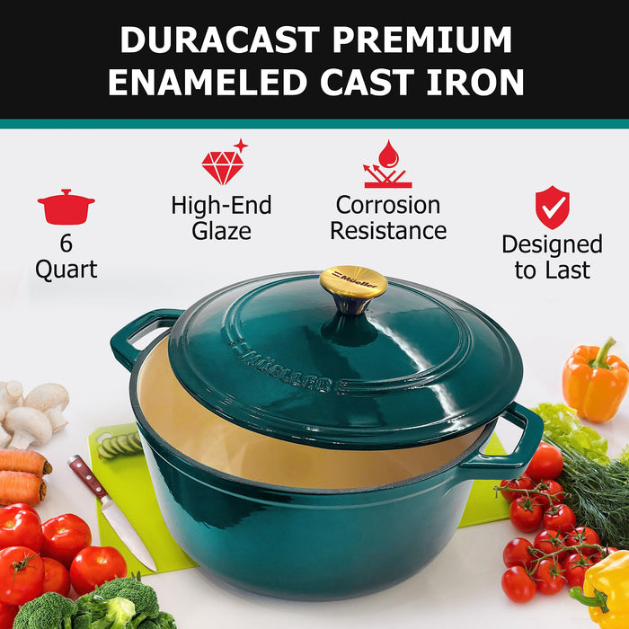 Mueller DuraCast 6 Quart Enameled Cast Iron Dutch Oven Pot with Lid, Heavy-Duty, Oven Safe up to 500° F & Across All Cooktops, Wedding Registry Ideas & Gifts, Emerald