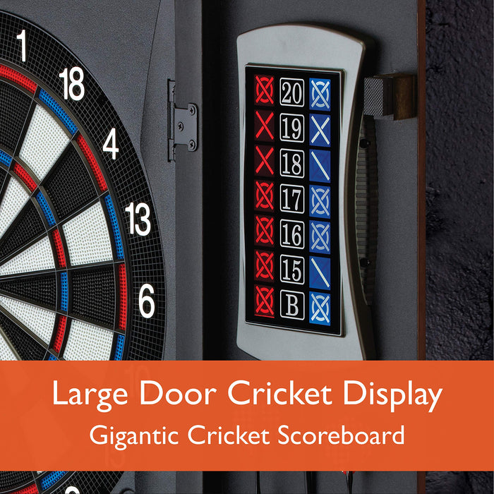 Fat Cat Mercury Electronic Dartboard, Built In Cabinet Doors With Integrated Scoreboard, Dart Storage For 6 Darts, Dual Display In Two Colors, Compact Target Face For Fast Play