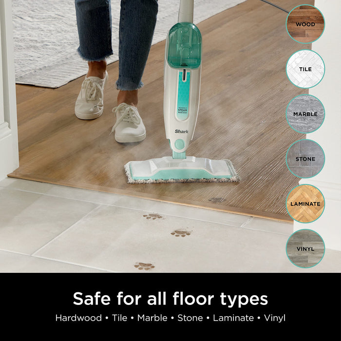 Shark S1000 Steam Mop with 2 Dirt Grip Pads, Lightweight, Safe for all Sealed Hard Floors like Tile, Hardwood, Stone, Laminate, Vinyl & More, Machine Washable, Removable Water Tank, White/Seafoam