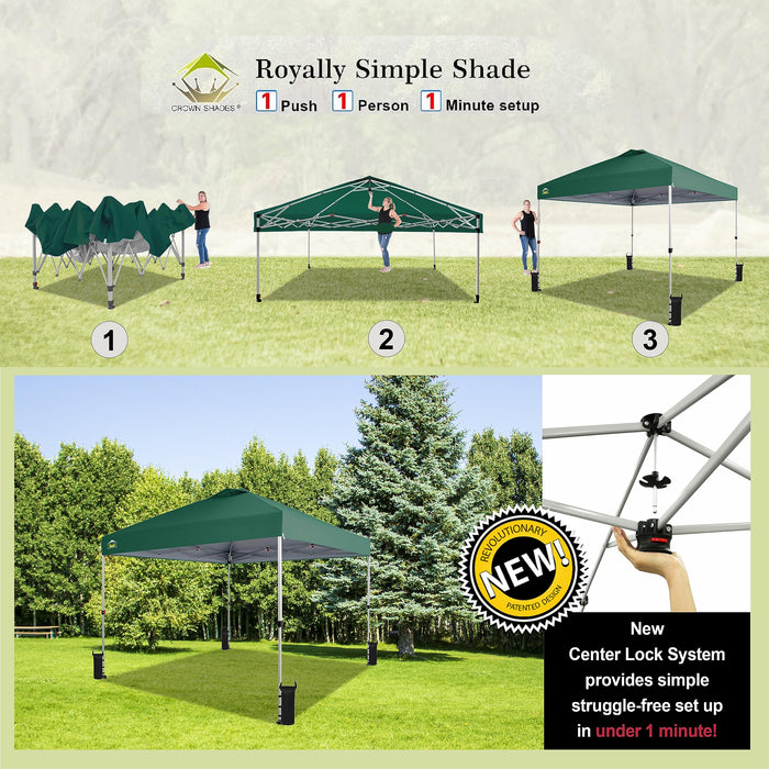 Crown Shades 10x10 Pop up Canopy Tent, Patented One Push Pop Up Tent with Wheeled Carry Bag, Bonus 8 Stakes and 4 Ropes, Forest Green