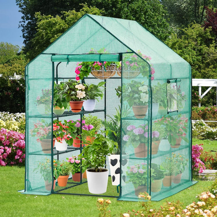 Greenhouse for Outdoors with Screen Windows, Ohuhu Walk in Plant Greenhouses Heavy Duty with Durable PE Cover, 3 Tiers 12 Shelves Stands 4.8x4.8x6.3 FT Plastic Portable Green House with Shelf Clips