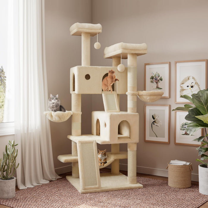 SHA CERLIN 65in Larger Cat Tree Tower Condo for Indoor Cats, Multi-Level Furniture Activity Center with Wide Base/Cozy Plush Cat Perches/Baskets/Sisal Scratching Posts and Hammock/Beige