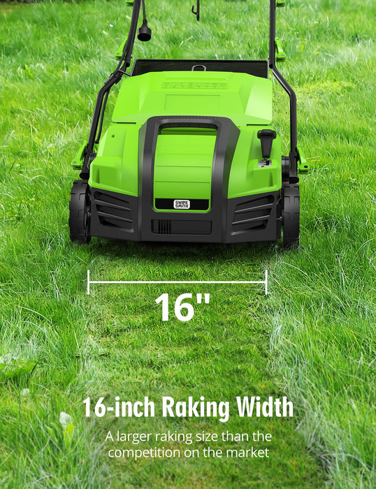 SWIPESMITH 16-Inch 15 Amp Electric Dethatcher Scarifier, 2024 Upgraded Lawn Dethatcher with 5-Position Depth Adjustment, 14.5 Gal Removable Thatch Collection Bag, Quick-Fold, Keeps Lawn Health