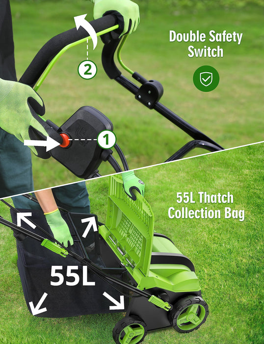 SWIPESMITH 16-Inch 15 Amp Electric Dethatcher Scarifier, 2024 Upgraded Lawn Dethatcher with 5-Position Depth Adjustment, 14.5 Gal Removable Thatch Collection Bag, Quick-Fold, Keeps Lawn Health