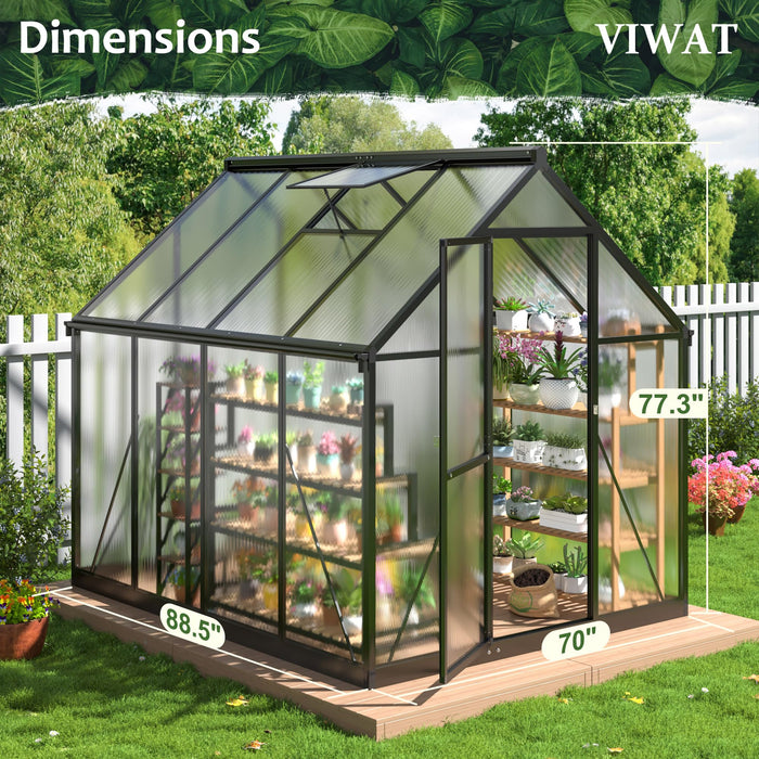 VIWAT 6x7.5 FT Greenhouse for Outdoors, Polycarbonate Greenhouse with Quick Setup Structure and Roof Vent, Aluminum Large Walk-in Greenhouse for Outside Garden Backyard, Black