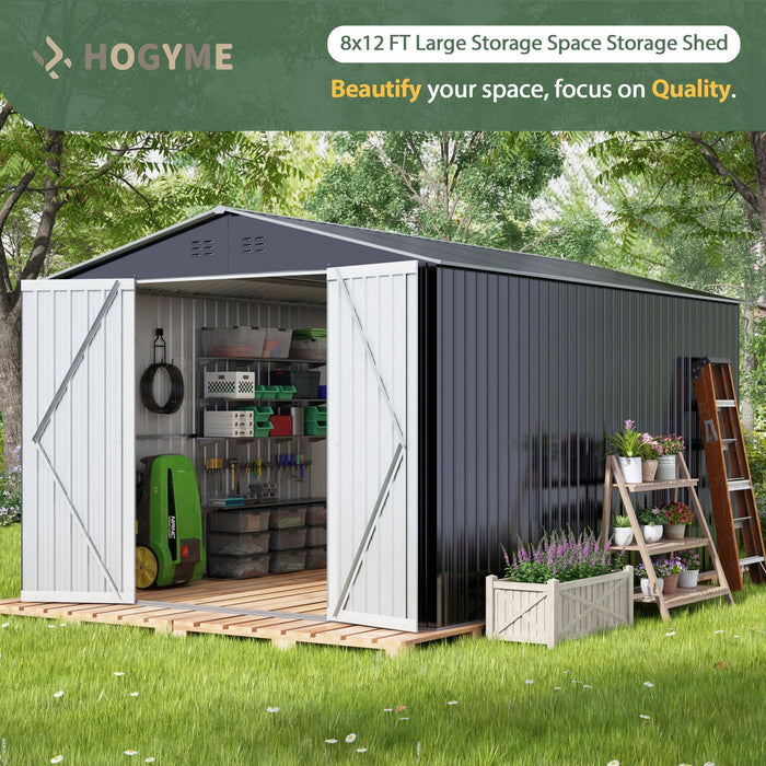 HOGYME 8 x 12 FT Outdoor Storage Shed, Large Metal Garden Shed with Updated Frame Structure and Lockable Doors, Tool Sheds for Backyard Garden Patio Lawn, Grey