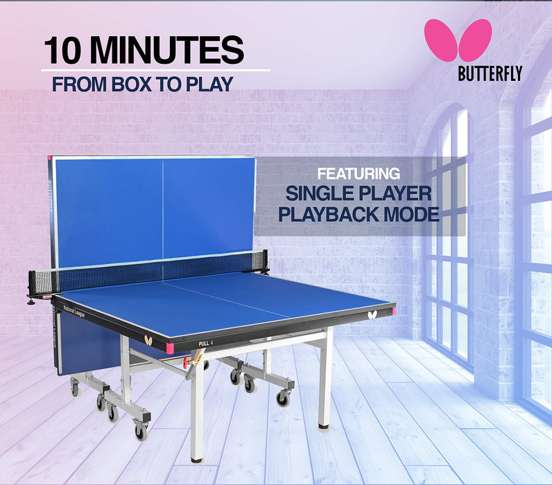 Butterfly National League 25 Ping Pong Table | Professional Ping Pong Table | 10 Minute Quick Assembly Table Tennis Table | 25mm Indoor Folding Ping Pong Table | Tournament Level Game Table, Blue