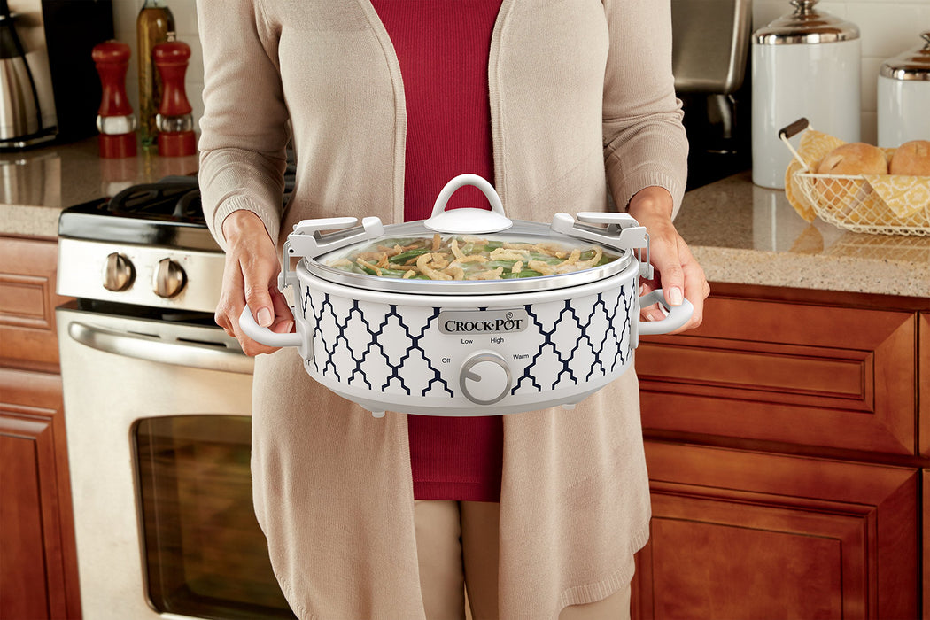 Crock-Pot Small 2.5 Quart Casserole Slow Cooker in White/Blue, Enjoy Eye-Catching Quick Meals, Durable and Compact