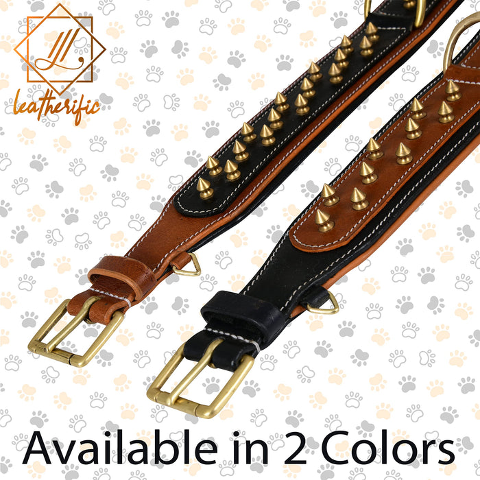 Leatherific Spike Dog Collar | Spiky Series | Premium Genuine Bridle Leather, Heavy Duty, Padded, Strong | for Medium, Large, XL Breeds | Black Brown | 2" Wide