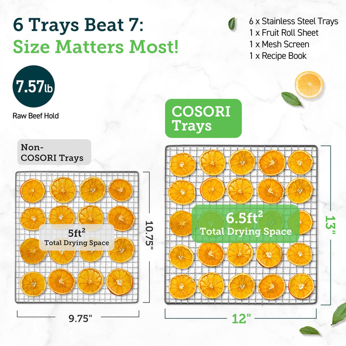 COSORI Food Dehydrator for Jerky, Holds 7.57lb Raw Beef with Large 6.5ft² Drying Space, 6 Stainless Steel 13"x12" Trays, 165°F Dehydrated Dryer for Dog Treats, Herbs, Meat, Fruit, and Yogurt, Silver