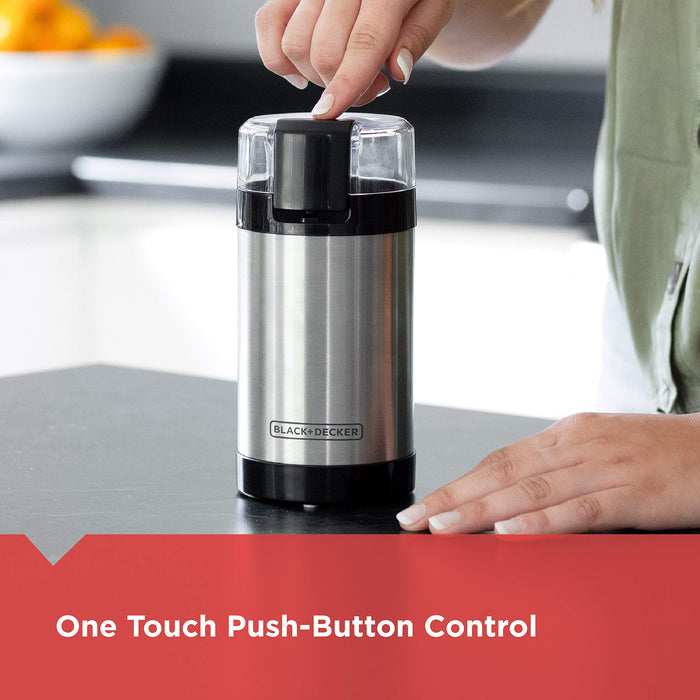 BLACK+DECKER One Touch Coffee Grinder, CBG110S,2/3 Cup Coffee Bean Capacity, Push-Button Control, Stainless Steel Blades