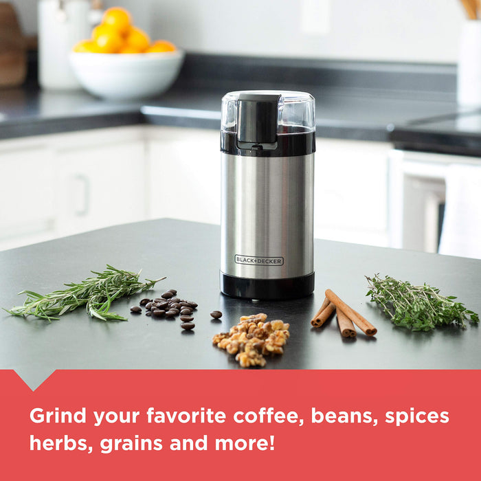 BLACK+DECKER One Touch Coffee Grinder, CBG110S,2/3 Cup Coffee Bean Capacity, Push-Button Control, Stainless Steel Blades