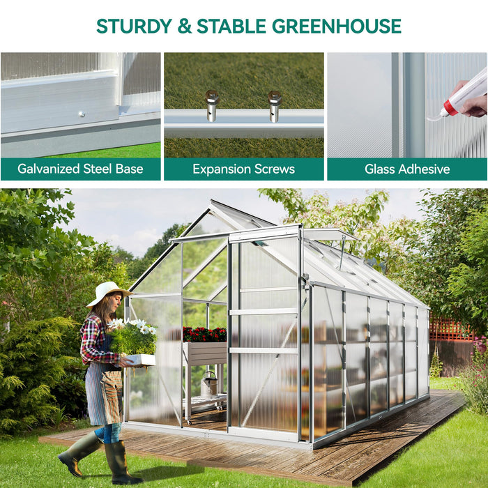 YITAHOME Polycarbonate Greenhouse 6X12FT Large Heavy Duty Green Houses Outdoor Greenhouses Aluminum Sliding Doors Vent Window Premium for Garden Backyard, Sliver