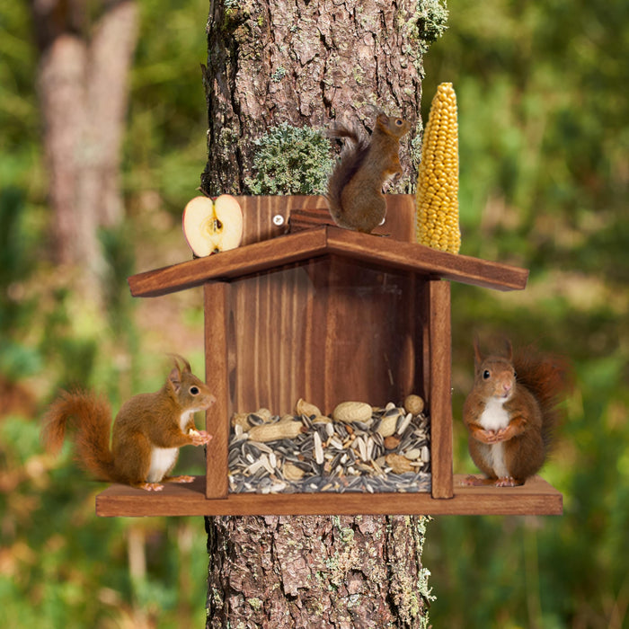 MIXUMON Wood Squirrel Feeder, Squirrel Feeders for Outside Winter, Wooden Chipmunk Feeder for Corn, Peanuts, Durable Box Easy to Fill with Removable Front Panel (Style 2)