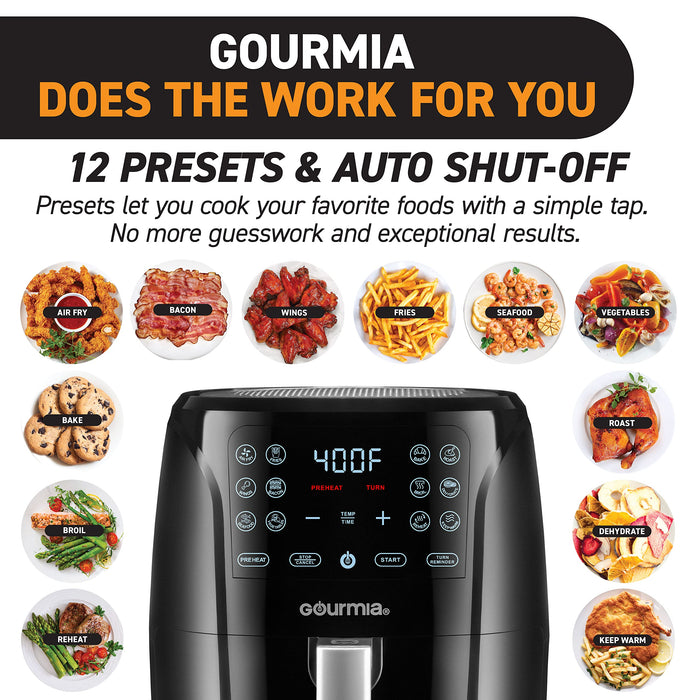 Gourmia Air Fryer Oven Digital Display 6 Quart Large AirFryer Cooker 12 1-Touch Cooking Presets, XL Air Fryer Basket 1500w Power Multifunction Black and Stainless Steel Accents FRY FORCE GAF686