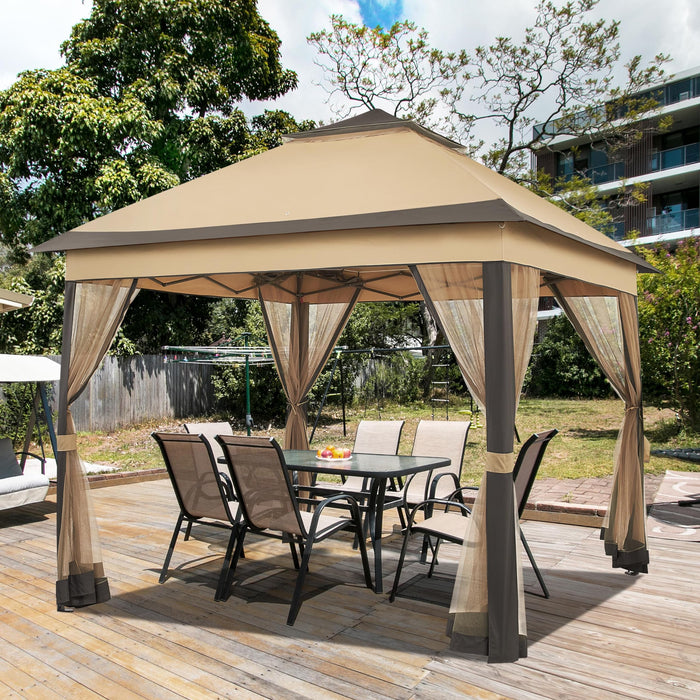 Yaheetech 11x11 Pop Up Gazebo Outdoor Canopy Shelter, Instant Patio Gazebo Sun Shade Canopy Tent with 4 Sandbags, Double Tiers & Mesh Netting for Lawn, Garden, Backyard & Deck, Khaki