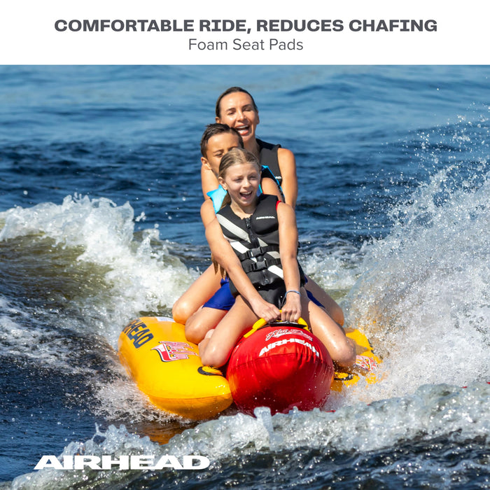 Airhead Hot Dog Towable | 1-3 Rider Tube for boating and Water Sports, Neoprene Seat Pads, Double-Stitched Full Nylon Cover, and Boston Valve for Convenient Inflating & Deflating