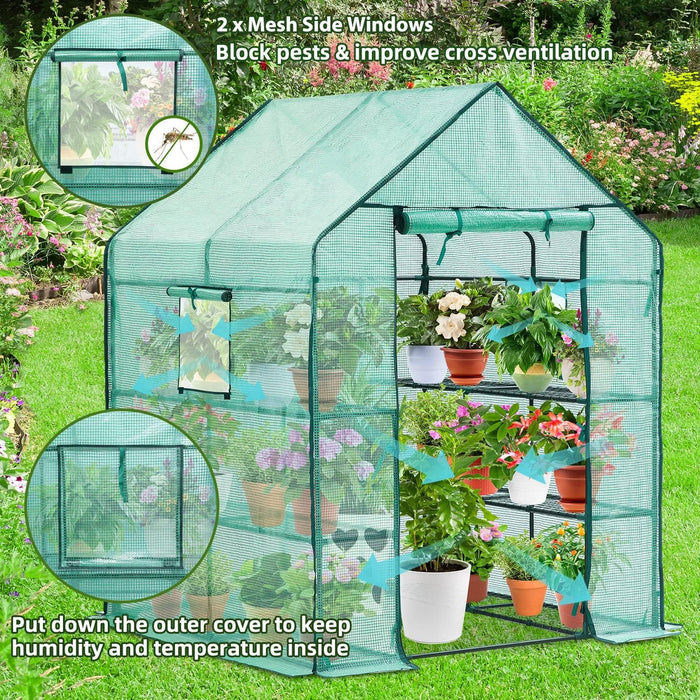 Greenhouse for Outdoors with Screen Windows, Ohuhu Walk in Plant Greenhouses Heavy Duty with Durable PE Cover, 3 Tiers 12 Shelves Stands 4.8x4.8x6.3 FT Plastic Portable Green House with Shelf Clips