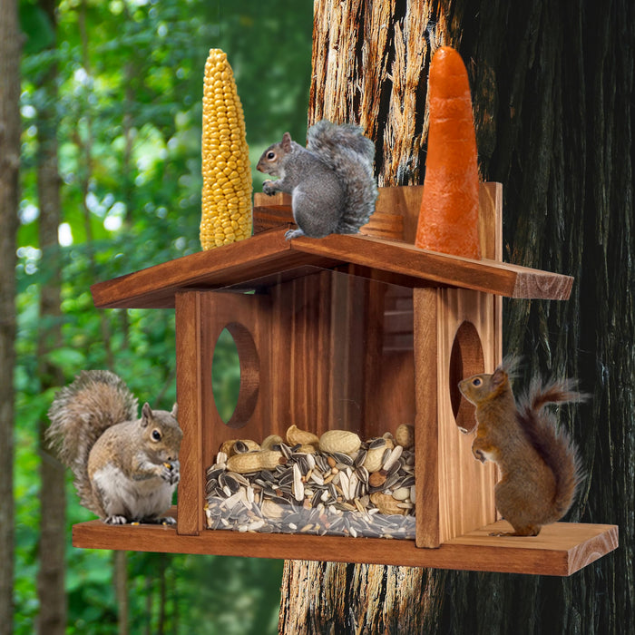 MIXUMON Wood Squirrel Feeder, Squirrel Feeders for Outside Winter, Wooden Chipmunk Feeder for Corn, Peanuts, Durable Box Easy to Fill with Removable Front Panel (Style 2)